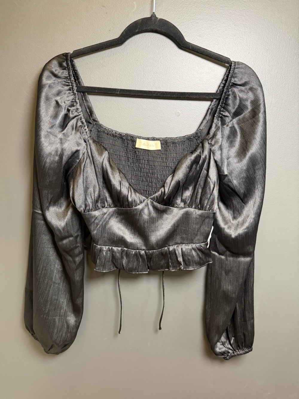 Altar'd State | Black Satin Puff-Sleeve Crop Top Smocked Back | NWT Size Small